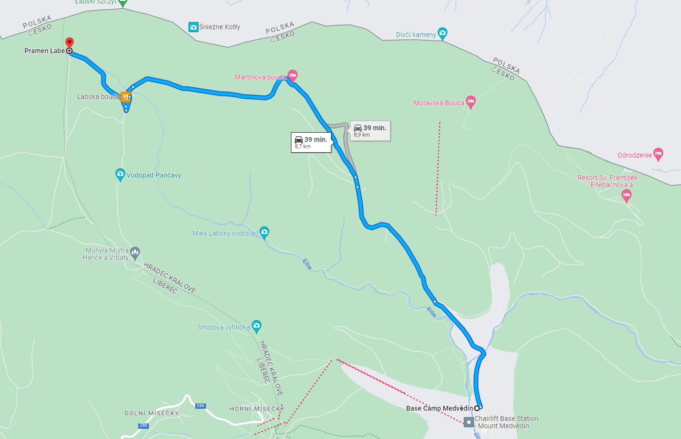kaart: Spindleruv Mlyn naar pramen Labe kaart: Spindleruv Mlyn naar pramen Labe